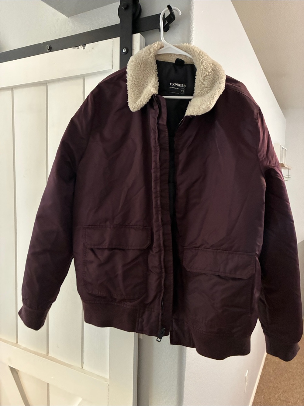 NWOT! Express M/W Burgundy Bomber Jacket with Sherpa Collar